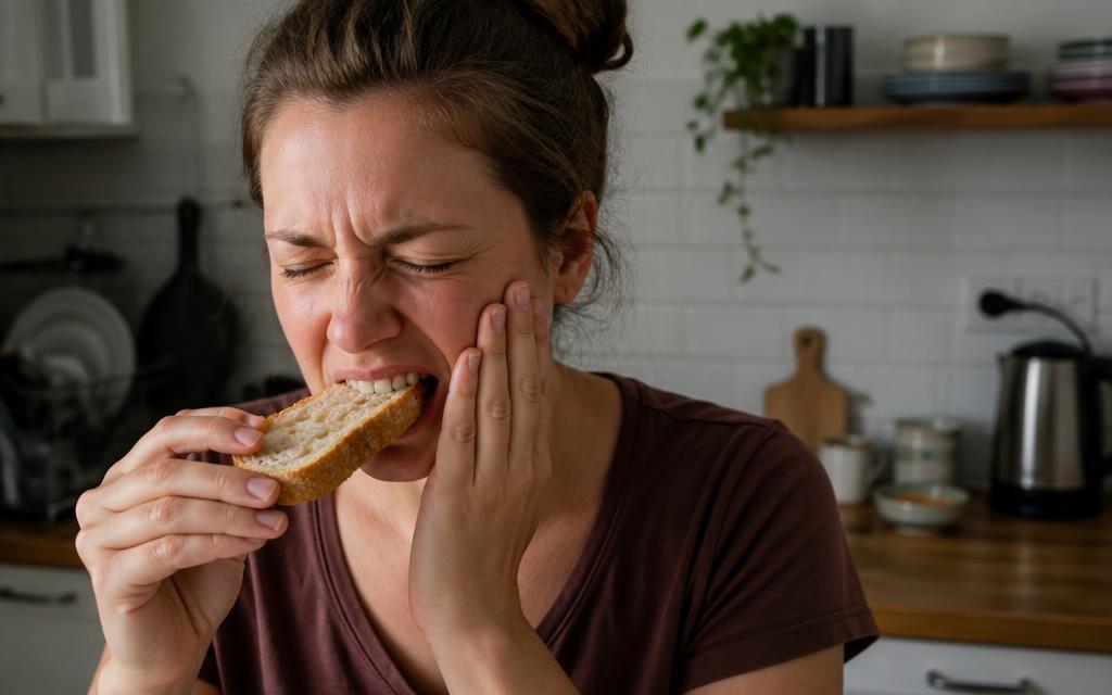 Person wincing with sharp pain while biting into crusty bread