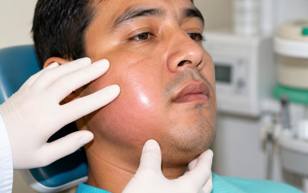 Dentist examining a patient's swollen cheek caused by a dental abscess