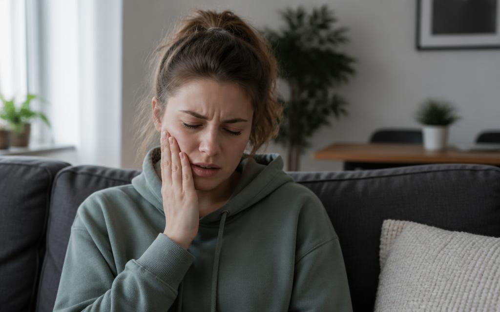 Person at home holding their jaw in pain days after a tooth extraction