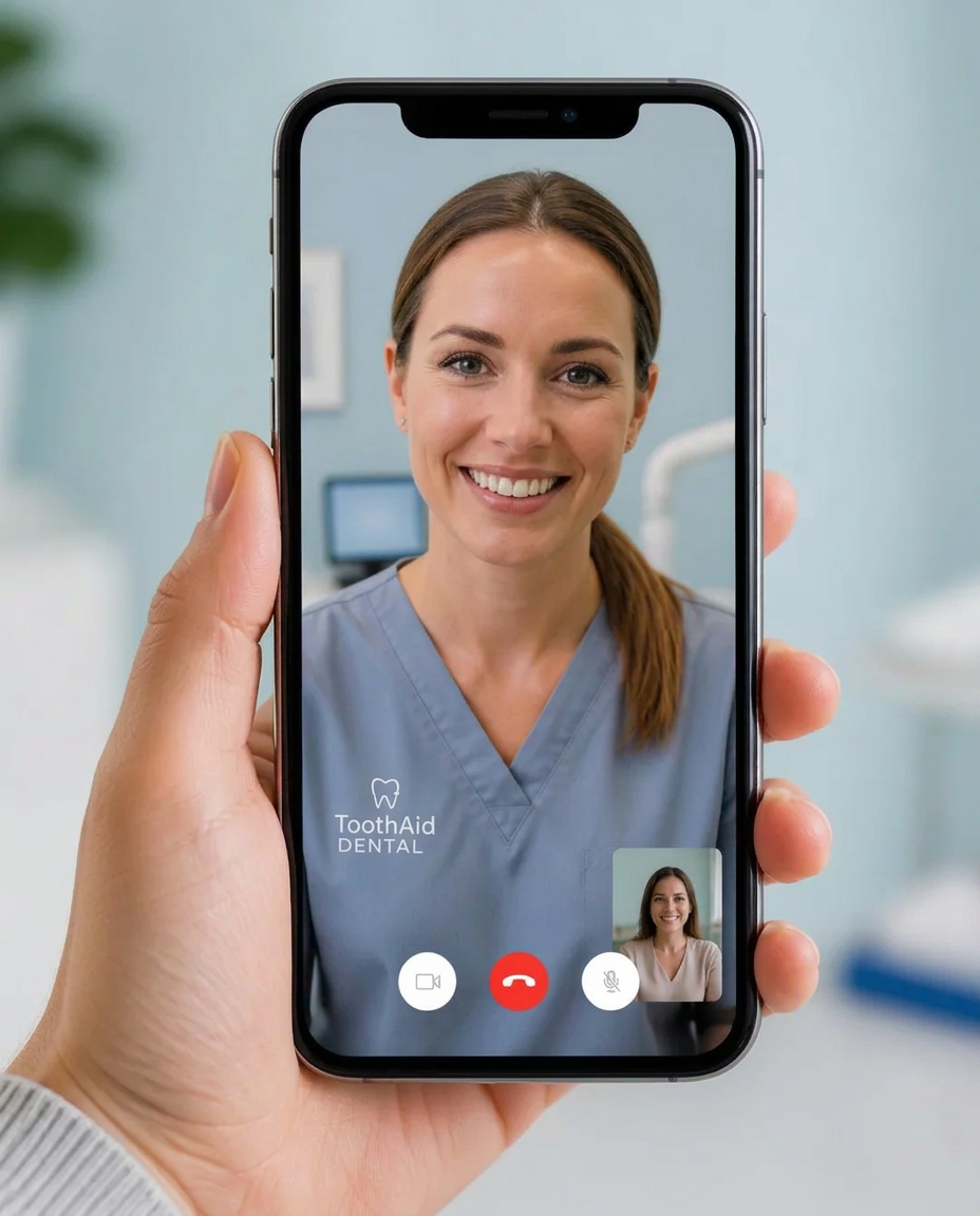 A patient speaking to a UK dentist during a ToothAid video consultation