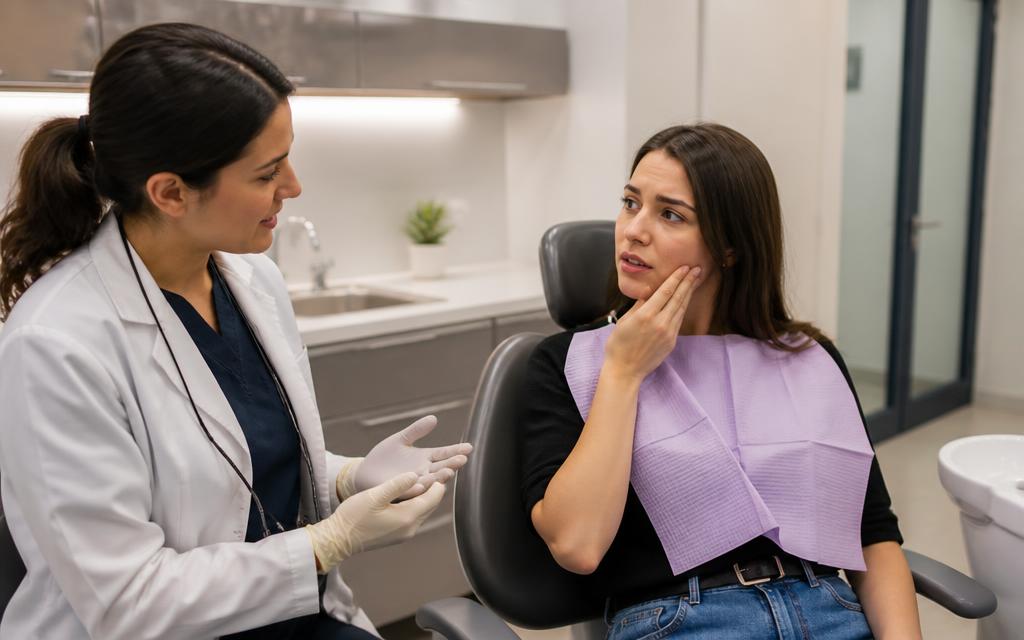Dentist talking with a patient holding the back of their jaw