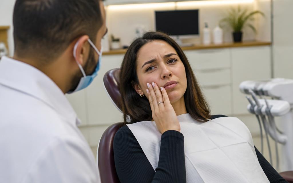 Patient holding their cheek in a dental chair after having a filling