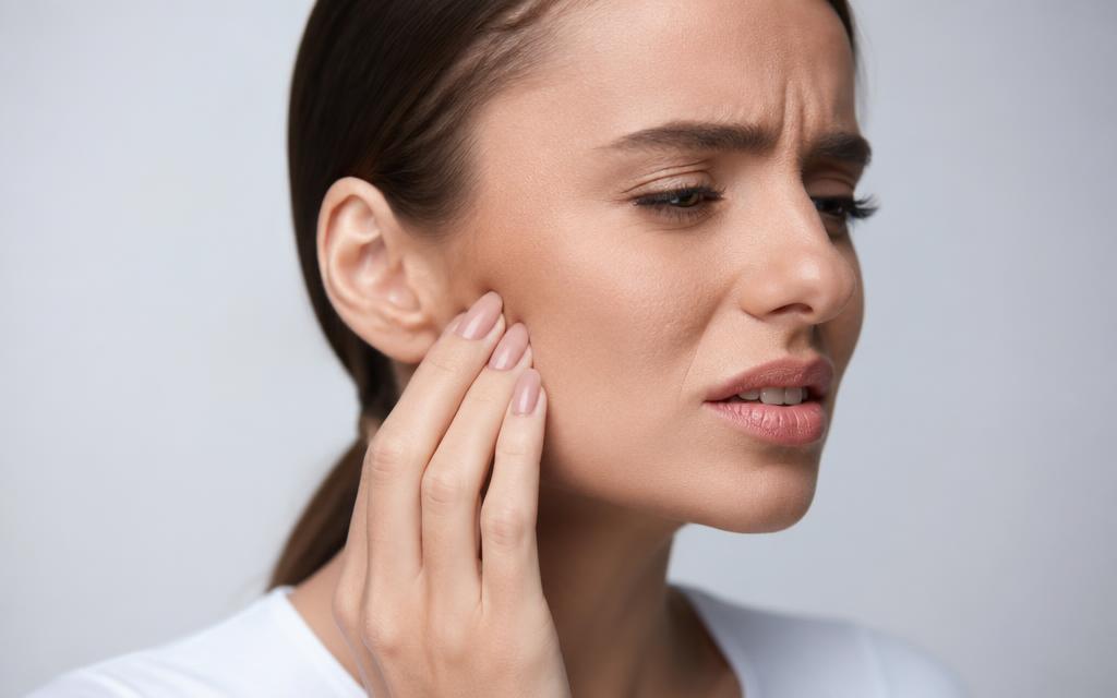 Person pressing their fingers to a painful jaw joint in front of the ear