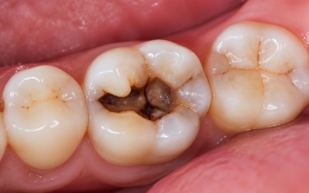 Close-up of a back tooth with a dark cavity caused by decay