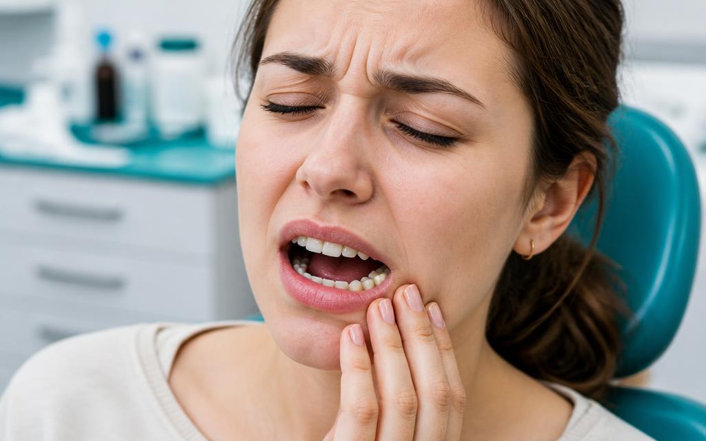 Patient wincing and holding their jaw with tooth pain in a dental chair