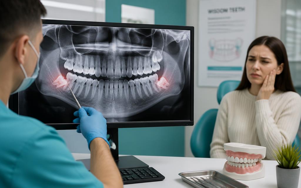 Dentist showing a patient an x-ray of impacted wisdom teeth